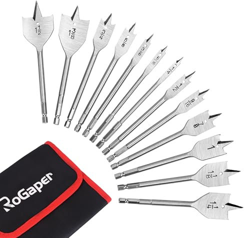 ROGAPER 13-Piece Spade Drill Bit Sets, Alloy Steel Paddle Flat Bit with Quick Change Shank, Flat Wood Hole Cutter Fit for Woodworking, Assorted Bits with Nylon Storage Pouch, 1/4 to 1-1/2