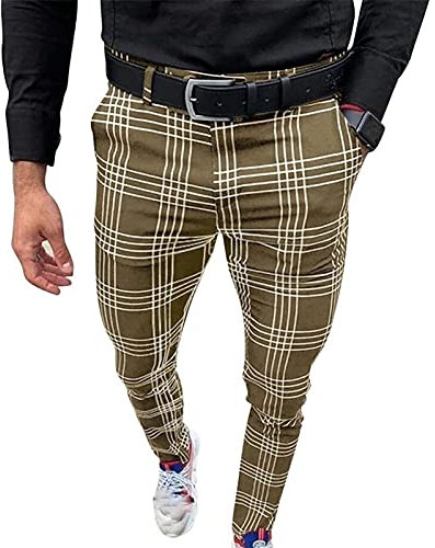 Plaid Pants for Men's Slim Fit Chino Business Checked Trousers Men Leisure Pants Long Lightweight Summer Pants(Khaki,XL)