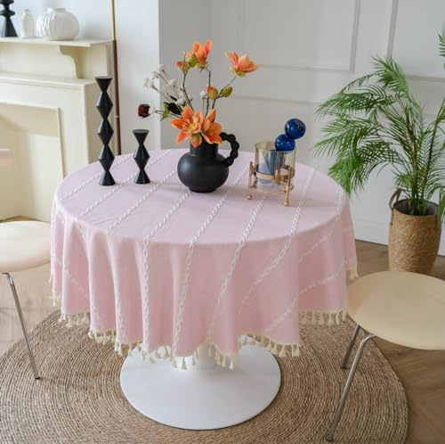 FANIVIN Cotton Linen Tischdecke Tischtuch Tischwäsche Couchtisch Küchen tischabdeckung Tafeltuch Rund Pink Durchmesser 120cm