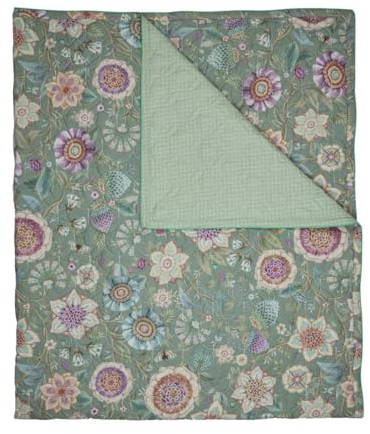 PiP Studio Tagesdecke Viva Las Flores Grün Blüten Knospen Beeren Schmetterlinge Stiele, Größe:180 x 260 cm