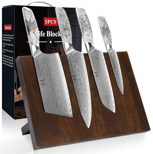 SHANGDAO Damas Kitchen Knife Set with Magnet Knife Block, 5 PCS Razor Razor Hot Kitchen Couteau en acier damas japonais avec bloc, ensemble de couteau de chef Damas bien équilibré