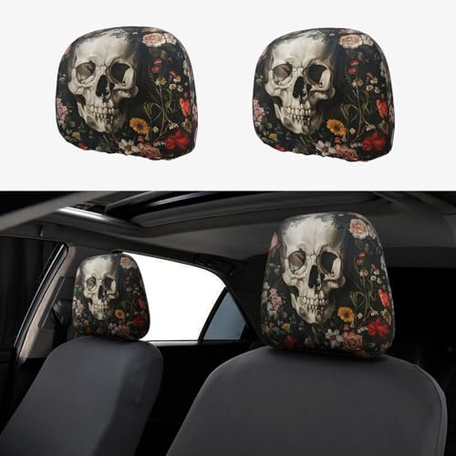 WCXTHGFA Kopfstützenbezüge-Set mit Blumen-Totenkopf-Druck, Polyester, Autositzbezug, nur Vordersitze