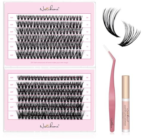 Natuhana Faux Cils Individuel DIY 240Pcs Naturel Extension de Cils Kit C Curl 8-16mm Bouquet Volume Russe avec Colle et Pinces