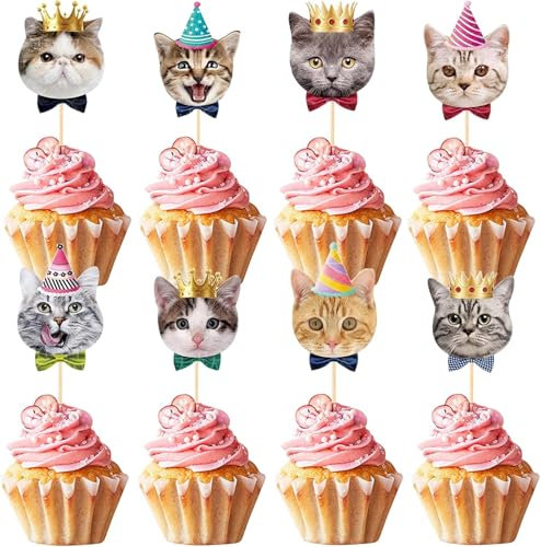 Katze Kuchen Topper Set - 24 Stück Tortendeko für Geburtstag, Kätzchen Cake Topper, Muffin Deko, Cupcake Topper
