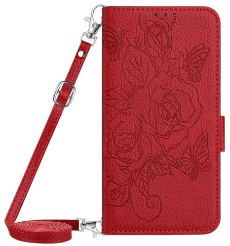 BEENTRYS Premium Leder Handyhülle für Xiaomi Redmi 11 Prime 5G hülle,Flip Wallet Rose Blume Kartenfach Ständer Kickstand RFID Magnetisch Stoßfest PU Klapphülle für Xiaomi Redmi 11 Prime 5G-Rot