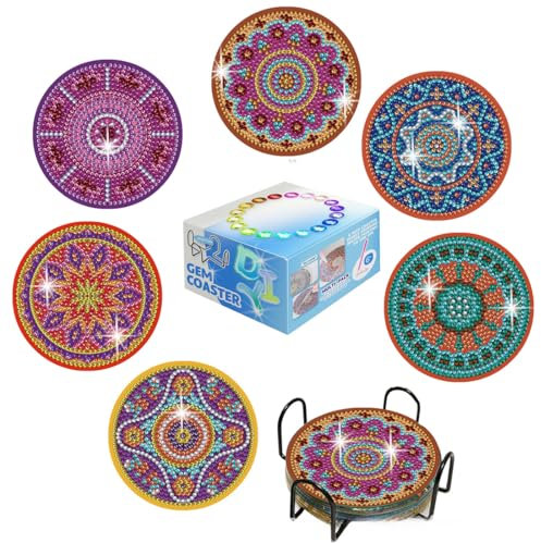 Diamond Painting Dessous de Verre, 6 Pièces Dessous de Verre Absorbants en Liège et Céramique avec Support en Métal Motif Mandala de 10cm pour Tasses