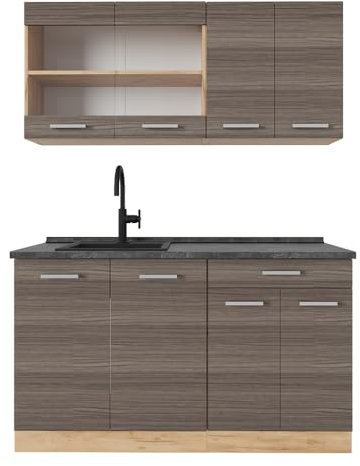 Vicco Singleküche R-Line, Edelgrau/Goldkraft Eiche, 140 cm, AP Anthrazit