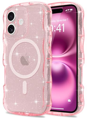 Pepmune Cover Magnetica per iPhone 16 Plus Custodia Compatibile con Magsafe Cornice Ondulata Forma Custodia Trasparente Brillare Glitterata Cover Protettiva Antiurto Case per iPhone 16 Plus Rosa