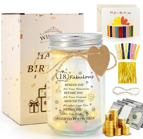 Wisyoth 18 Geburtstag Geschenk für Jungen Mädchen, 18 Jahre alt Geburtstagsdeko Beste Freundin Freundschaft Geschenke mit warmen Lichtern 18 Schwester Geldgeschenke Box mit Geburtstagskarte für