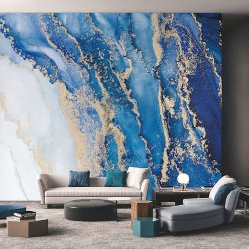Marble Navy Blue Golden Wall Wallpaper Mural, Abstract Texture Modern Patterned Non-Woven Wallpaper Mural, for Livingroom, Wall 150cmx105cm Art Print Murals