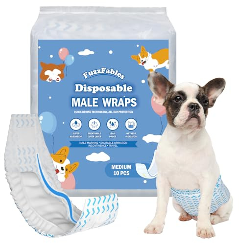 FuzzFables Dog Diapers Male, M, 20 Count, Wider Belly Bands | Disposable Wraps, Wetness Indicator, Absorbent and Leakproof, Excitable Urination Incontinence Protection