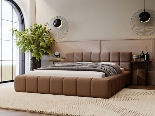 GRAINGOLD Alicante Bett 140x200, Polsterbett mit Bettkasten, Polsterbett mit Stauraum, Velour, mit Lattenrost, mit Kopfteil, ohne Matratze (Braun, 140x200)