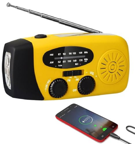 Portable Emergency Radio, Wind Up Solar Hand Crank Powered Weather Radio with AM/FM Tuner 2000mAh USB Phone Charger SOS Alarm LED Flashlight for Household Outdoor Camping Hiking (yellow)