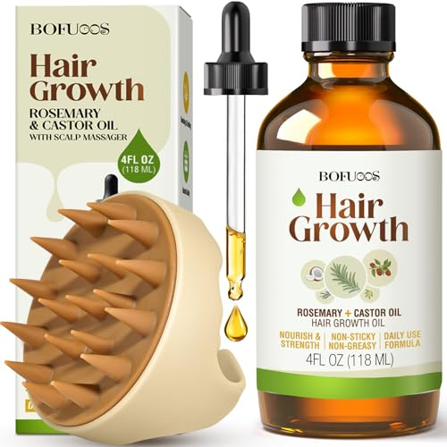 Bofuoos Natürliche Rosmarinöl Haare Wachstum 118ml + Kopfhaut Massagebürste | Bio Rizinusöl Haare, 100% Natürlich Castor Oil Wachstumsfördernd, Pflegt Trockenes, Strapaziertes Haar, Gegen Haarausfall