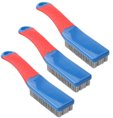 3PCS Stainless Steel Wire Brushes Set Heavy Duty Special Dense Hard Cleaner Bristle Cleaning Small Wire Brush With Silicone Blue Handle for Cleaning Rust Removal BBQ Grills Kitchen Paint Removal
