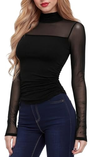 viiotu Long Sleeve Mesh Tops for Women Sexy Sheer Tops Going Out Top for Party Daily Wear Date