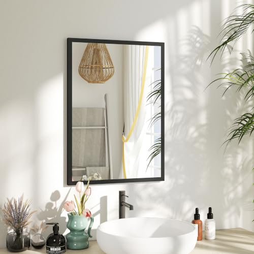 HOMCOM Miroir Mural Rectangulaire 50 x 70 cm, Cadre en Bois Noir | Idéal pour la Salle de Bain, Salon ou Chambre