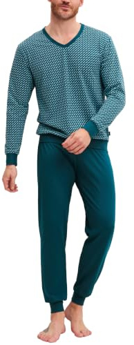 CALIDA Cotton Special Bündchen-Pyjama Herren | Schlafanzug mit Bündchen, weiche Single-Jersey-Qualität mit V-Ausschnitt
