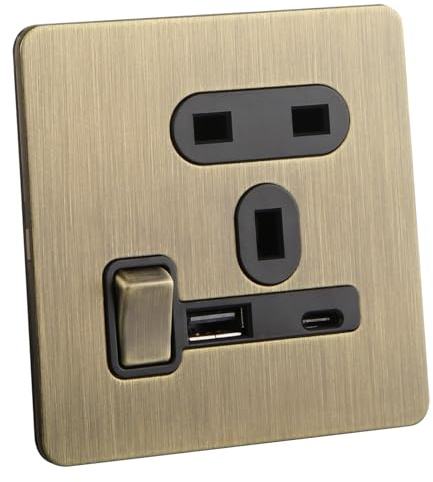 Square Edge Straight Knurled Switches and Sockets For Home Office Bedroom Kitchen Antique Brass（Single 13A socket with USB A & C）