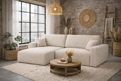 Kaiser Möbel Ariel XL Ecksofa mit Schlaffunktion und Bettkasten, DL-System, Liegefläche 230x140 cm, HR-Schaum, modern (Poso, Beige, Links)