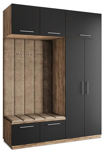 Masseno Flugarderoben Set Rema, Kleiderschrank-Set mit Sitzbank, Garderobenschrank Flur mit 5 Regalböden, Eiche Lefkas/Schwarz
