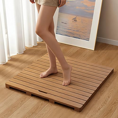 Rutschfeste Duschmatte Aus Massivem Holz, Maßgeschneiderte Hölzerne Badematte, Verfügt Über Praktische Integrierte Griffe, Geeignet for Badezimmer Außenbereiche(60x60cm/23.6x23.6in)