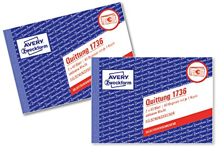 Avery Zweckform 1735-2 Quittung (A6 quer, MwSt. separat ausgewiesen, 2x40 Blatt, Doppelpack) weiß/gelb
