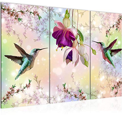 Runa Art Wandbilder Blumen Vogel Bild XXL Wohnzimmer Schlafzimmer Bunt Kolibri Vintage 120 x 80 cm 3 Teilig 015231a