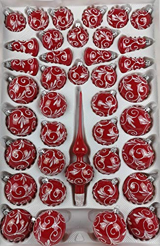 39 TLG. Glas-Weihnachtskugeln Set in Hochglanz Modern Rot Weisse Ornamente - Edle Neuheit - Christbaumkugeln - Weihnachtsschmuck - Christbaumschmuck