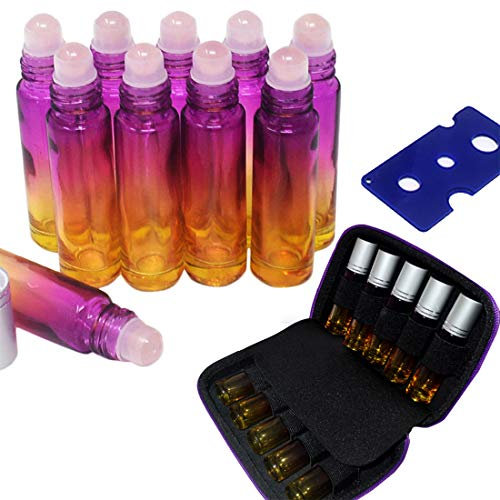 fengshuisale 10pcs Gradient 10ml Empty Refillable Bottles with Crystal Semiprecious Stones Essential Oil Gemstone Roller Ball Bottles with Free Bag W3902 (Rose Quartz)