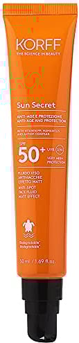 Korff Korff Sun Secret Anti-Flecken-Gesichtscreme LSF50, flüssige Creme mit Matt-Effekt, weiche Textur, hoher UVB und UVA-Schutz, biologisch abbaubar, 50 ml - 130 g