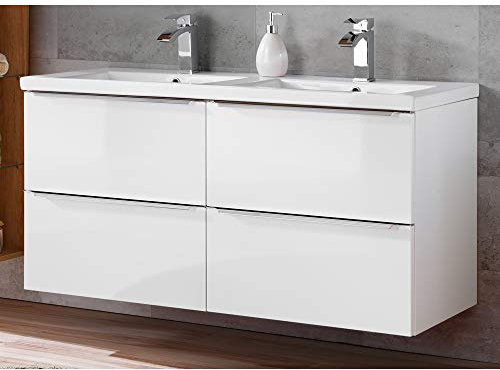 Lomadox Badmöbel Doppelwaschtisch Set in weiß Hochglanz, 121cm Doppel-Keramikwaschbecken, Waschtischunterschrank 4 Softclose-Schubkästen, B/H/T: 121/61/46 cm