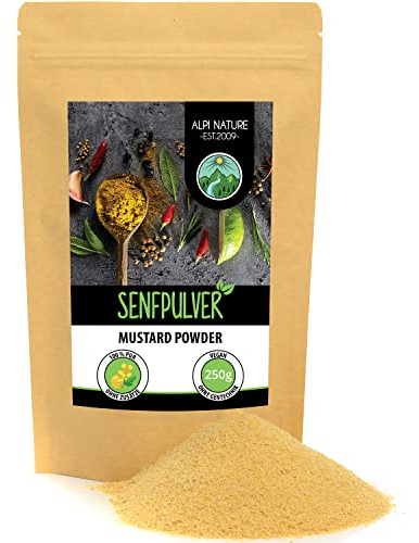 Mostaza en polvo (250g), mostaza molida, 100% natural a partir de semillas de mostaza, semillas de mostaza suavemente secadas y molidas, especia sin aditivos, veganas