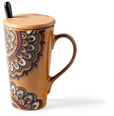 JMAHM Tasse à café en céramique avec couvercle en bois et cuillère pour tasse à jus de lait Jaune