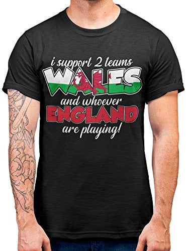 Wales Rugby T Shirt - Funny Welsh Rivalry England Top - I Support 2 Teams Cymru Gift, Black, Large - Mens