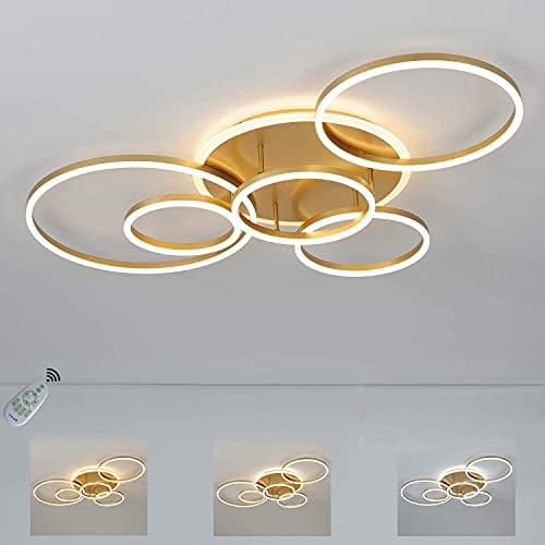LED Deckenleuchte Dimmbar Wohnzimmerlampe mit Fernbedienung Gold Deckenlampe 6-Ringen Rundes Deckenleuchten Stufenlos Dimmbar 3000K-6000K Schlafzimmerlampe, Lange 115cm Design Bürolampe Küchenlampe