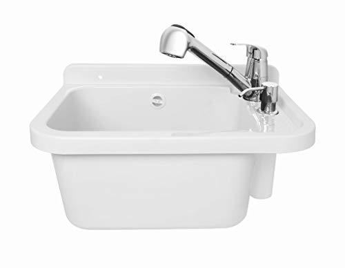 ADGO Lavabo de Cámara Profunda Fregadero de Cocina de Hogar con Batería, Grifo y Contenedor Dispensador de Jabón, para el Jardín, Garaje, Sótano, Baños, Taller, Fábrica Industrial, 60 cm Blanco