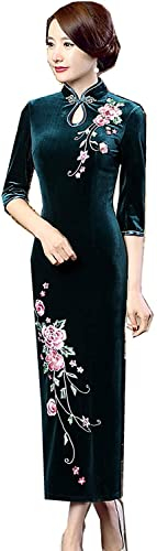 Lazutom Qipao Robe chinoise longue en velours brodé pour femme, Vert, 42