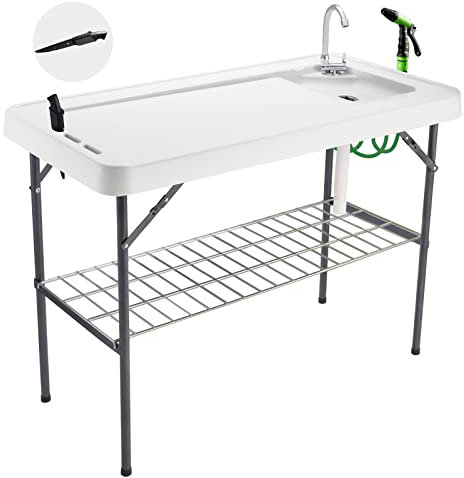 Avocahom Folding Fish Cleaning Table Portable Camping Sink with Faucet Drainage Hose & Sprayer Outdoor Fillet Station Grid Rack Knife Groove for Picnic Fishing, Black