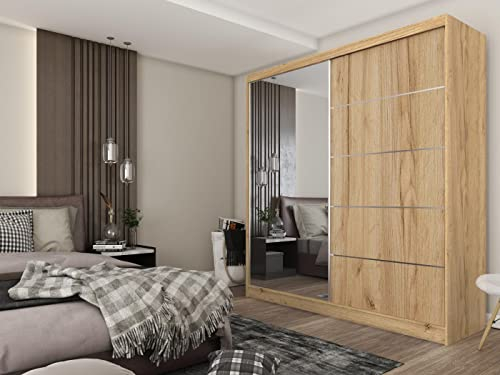 WFL GROUP Moderner Kleiderschrank Schwebetürenschrank mit Spiegel 120 150 180 200 cm - Eiche Craft Kleiderschrank für Schlafzimmer mit Schiebetüren - Kleiderstange - 200 cm - Eiche Artisan