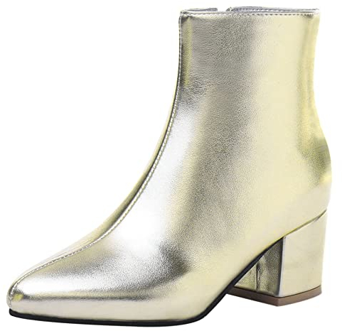 Lroey Reoly Stivaletti da Donna con Tacco a Blocco, Stivali da Vestito Tacco Medio Appuntito Polacchine Zip 135 Oro/Br Numero 38 EU