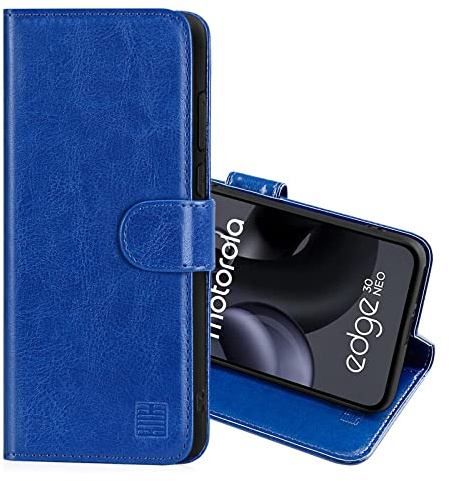 32ndShop 32nd PU Leder Mappen Hülle Flip Case Cover für Motorola Moto Edge 30 Neo, Ledertasche hüllen mit Magnetverschluss und Kartensteckplatz - Blau