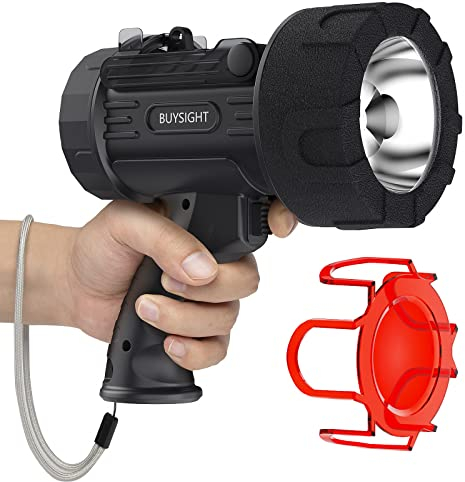 BUYSIGHT Rechargeable Spotlight Flashlight,300000 lumens Hand held Spotlight Waterproof Flashlight Hunting Lamp with red Filter (Graphite Black)