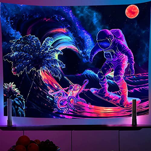 OSVINO Lumière noire Astronaute Tapisserie 130x150CM Espace Végétaux Pieuvre Tapisserie Esthétique Tenture murale néon Affiches artistiques Réactif aux UV Tapisseries Trippy pour la décoration