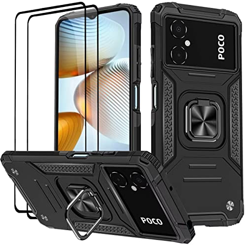 KANSi Funda para Xiaomi Poco M5 / Poco M4 5G, Cristal Vidrio Templado [2 Piezas] Capa Anillo iman Soporte Hard PC y Silicona TPU Antigolpes Armor Carcasa - Negro