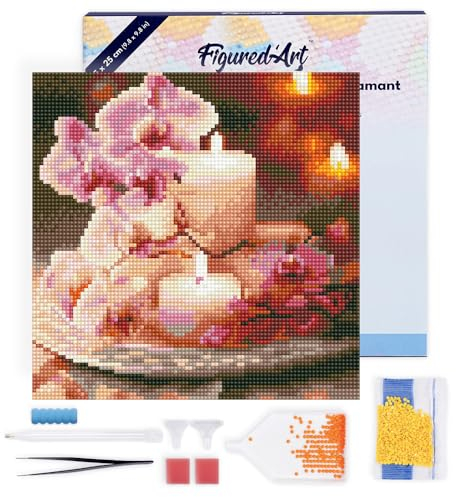Figured'Art Mini Diamond Painting Erwachsene 25x25cm Mit Rahmen Ganze Leinwand gespannt Orchideen und Kerzen 5D Bilder Runde Steine - DIY Set Basteln
