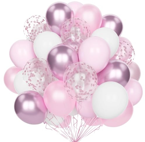 Palloncini Rosa Pastello e Bianchi, 60 Pezzi 12 Pollici, Set Con Coriandoli per Feste, Compleanno, Matrimonio, Baby Shower, Anniversario - Decorazione per Ragazze