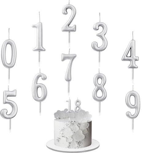 Geburtstag Zahl Kerzen,10 Stück Kuchenkerzen,Nummer 0 bis 9,Cake Topper Dekoration für Geburtstagsfeier (Silber)