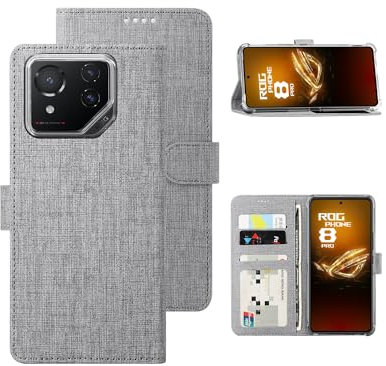 Foluu Funda para Asus ROG Phone 8/8 Pro, funda de cartera [piel premium] [función atril] [tarjetero] [cierre magnético] TPU Bumper antigolpes funda plegable para ROG Phone 8 2024 (gris)