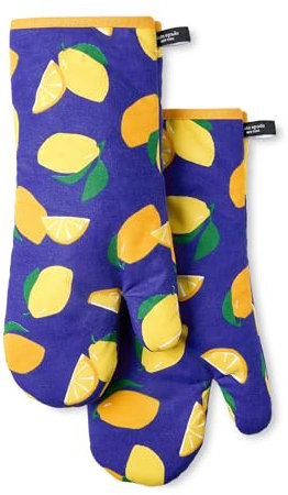 kate spade new york Lemon Party Oven Mitt 2-Pack Set, Heat Resistant, 100% Cotton, Navy Blue/Yellow, 7x13